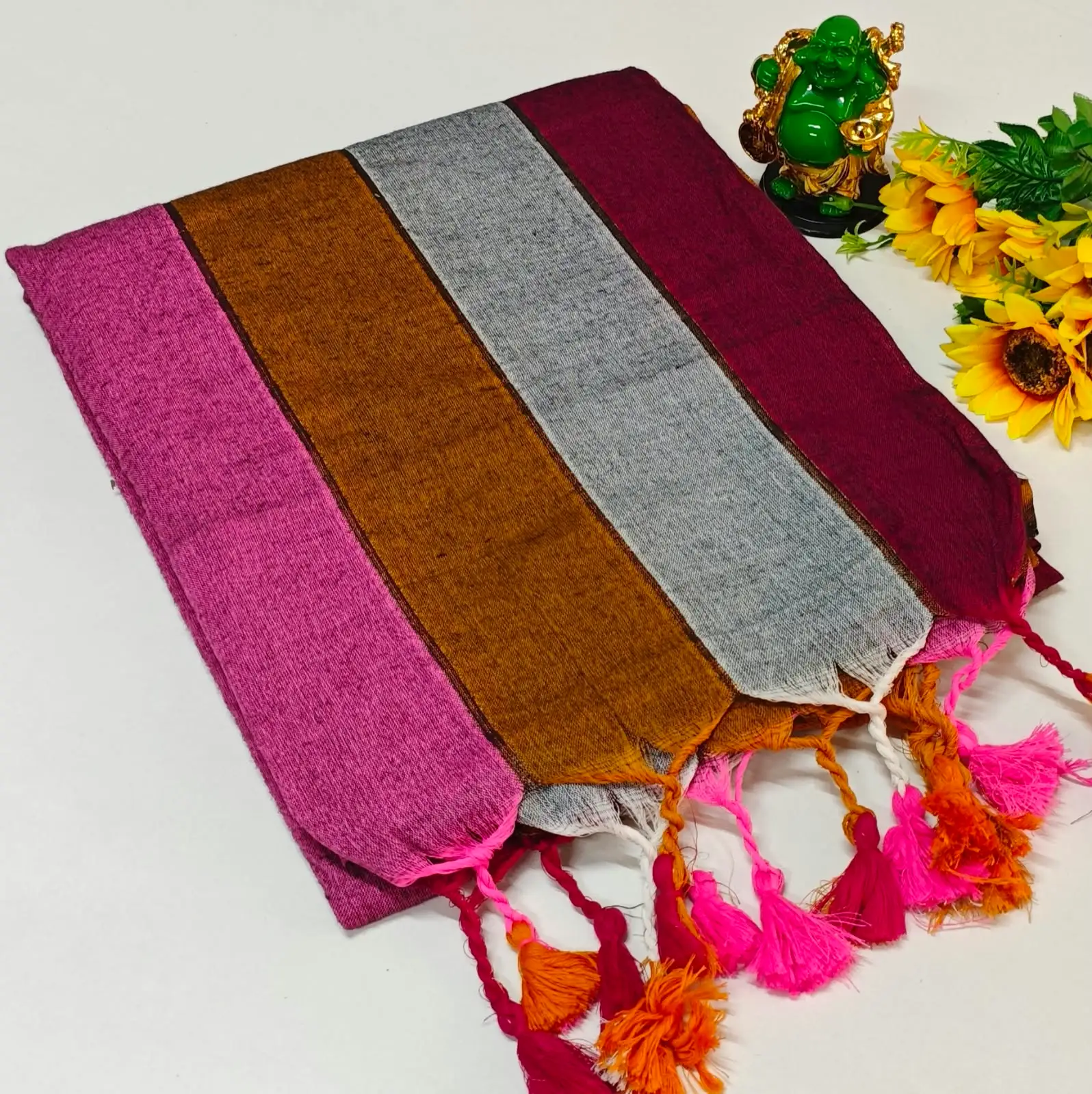 Rainbow Stripe Slub Khadi Cotton Saree